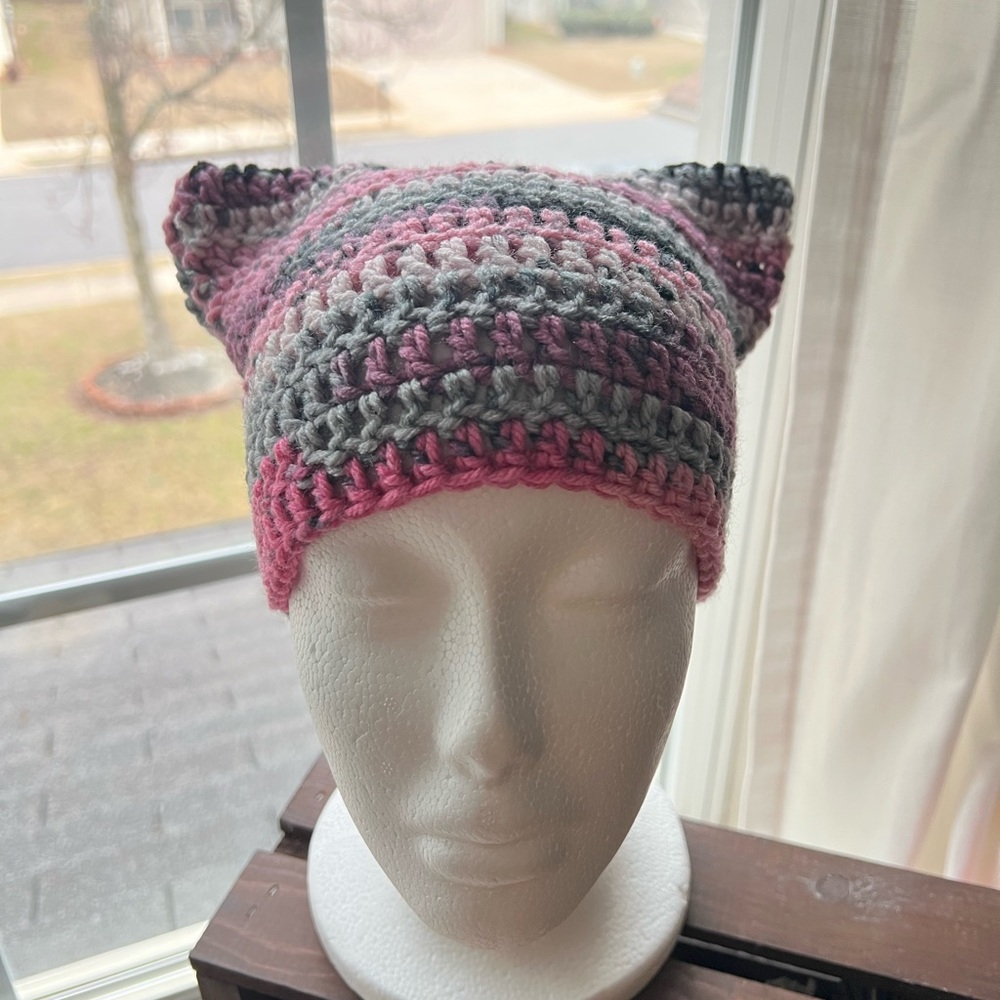 Striped Crocheted Cat Ear Beanie
